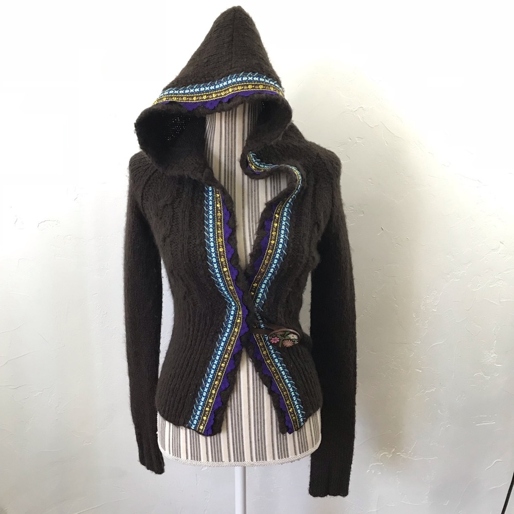 Free People Brown Hooded Cardigan with Blue and Purple Accents